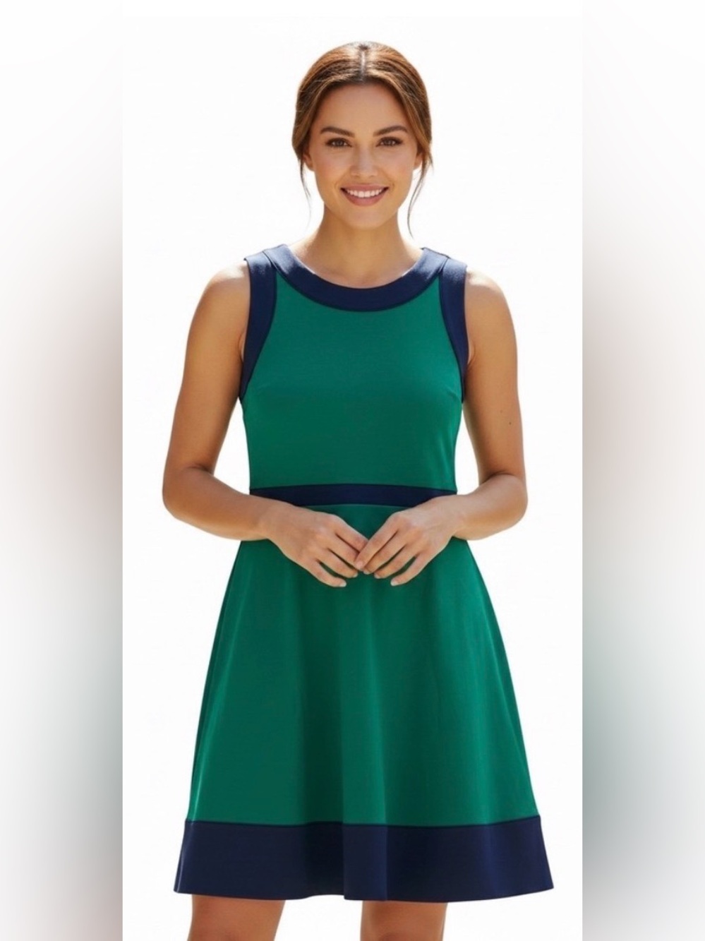 Lands' End Vintage Vibrant Green A-lineFit & Flare Dress with Navy Trim - Size 1